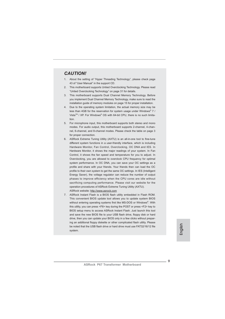 Caution, English | ASRock P67 Transformer User Manual | Page 9 / 266