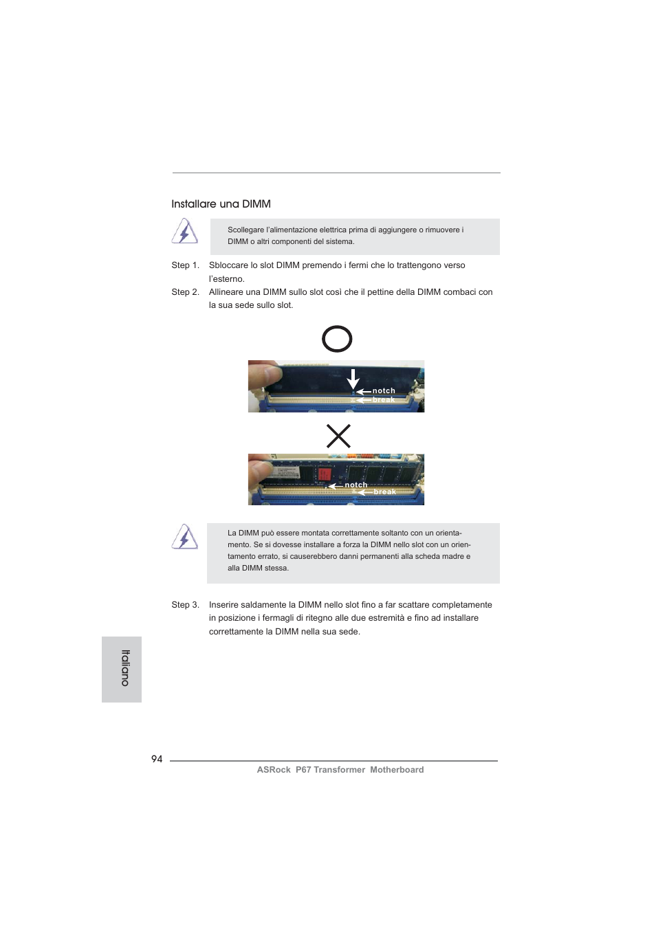 Installare una dimm, Italiano | ASRock P67 Transformer User Manual | Page 94 / 266