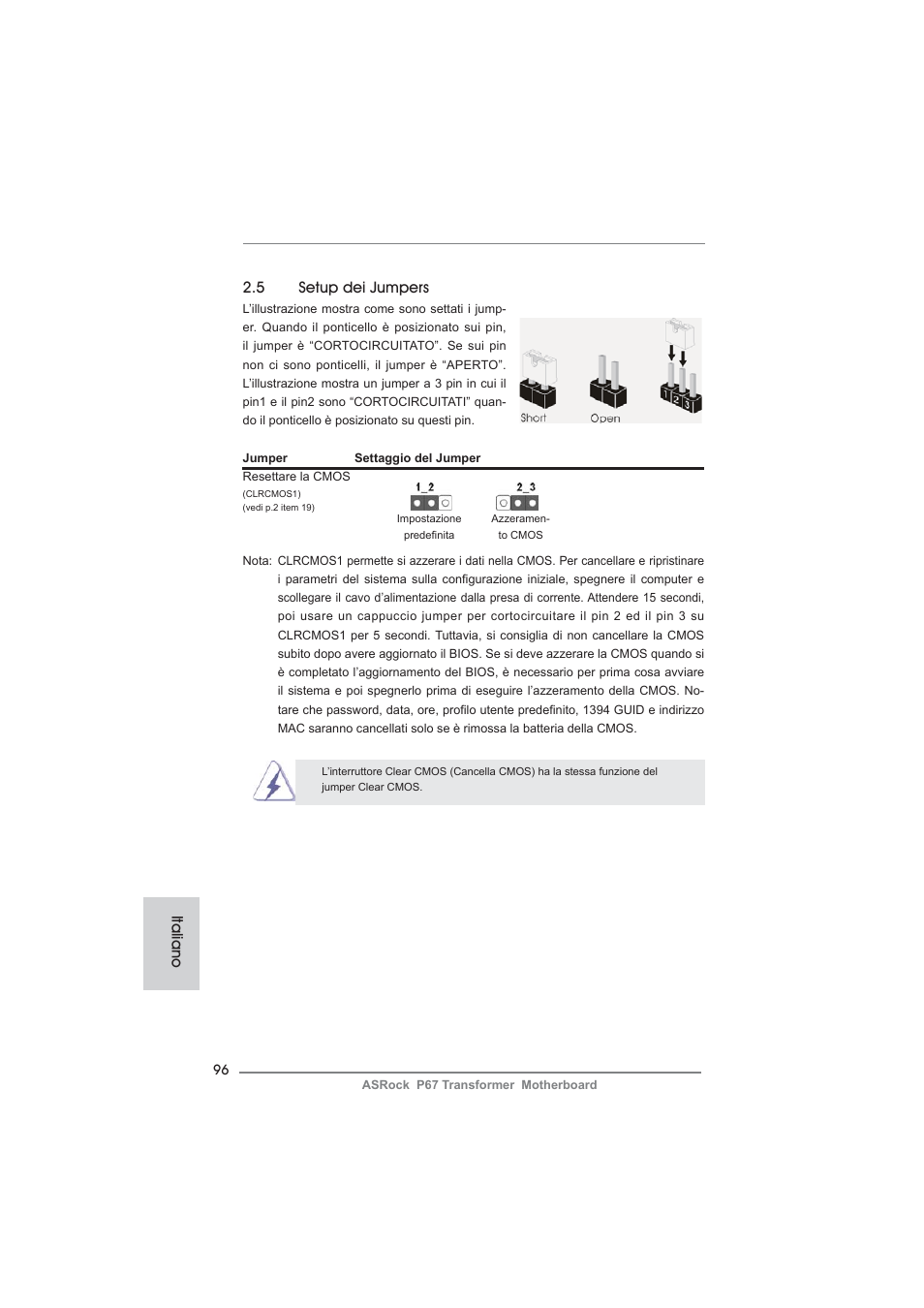 5 setup dei jumpers, Italiano | ASRock P67 Transformer User Manual | Page 96 / 266