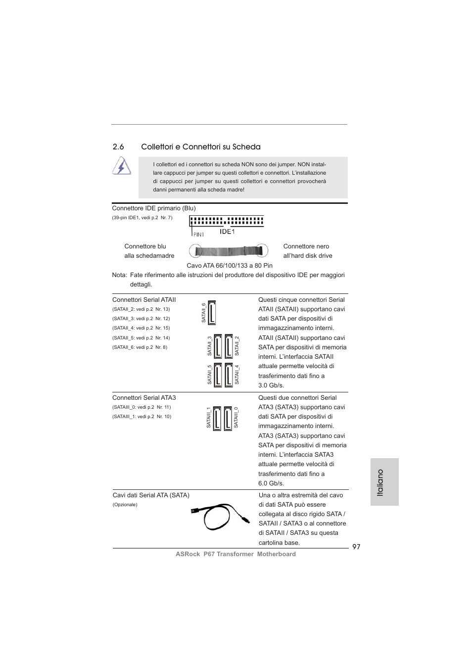 Italiano, 6 collettori e connettori su scheda | ASRock P67 Transformer User Manual | Page 97 / 266