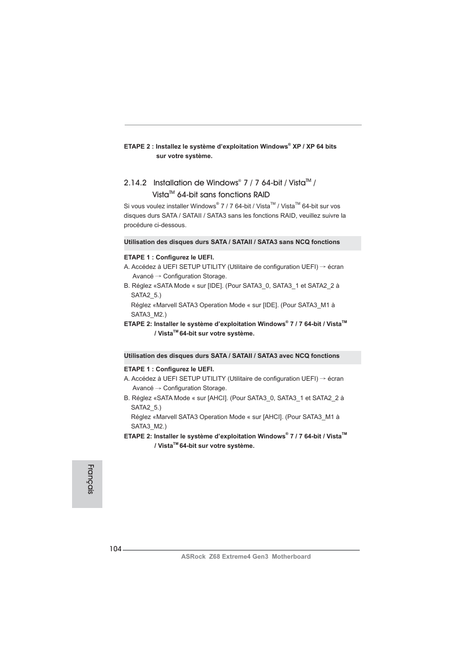 2 installation de windows, 7 / 7 64-bit / vista, Vista | Bit sans fonctions raid, Français | ASRock Z68 Extreme4 Gen3 User Manual | Page 104 / 322
