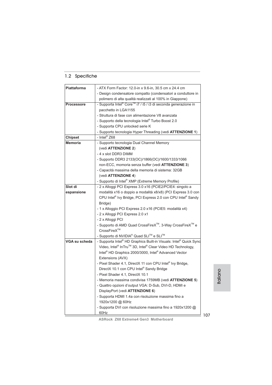 Italiano 1.2 specifiche | ASRock Z68 Extreme4 Gen3 User Manual | Page 107 / 322