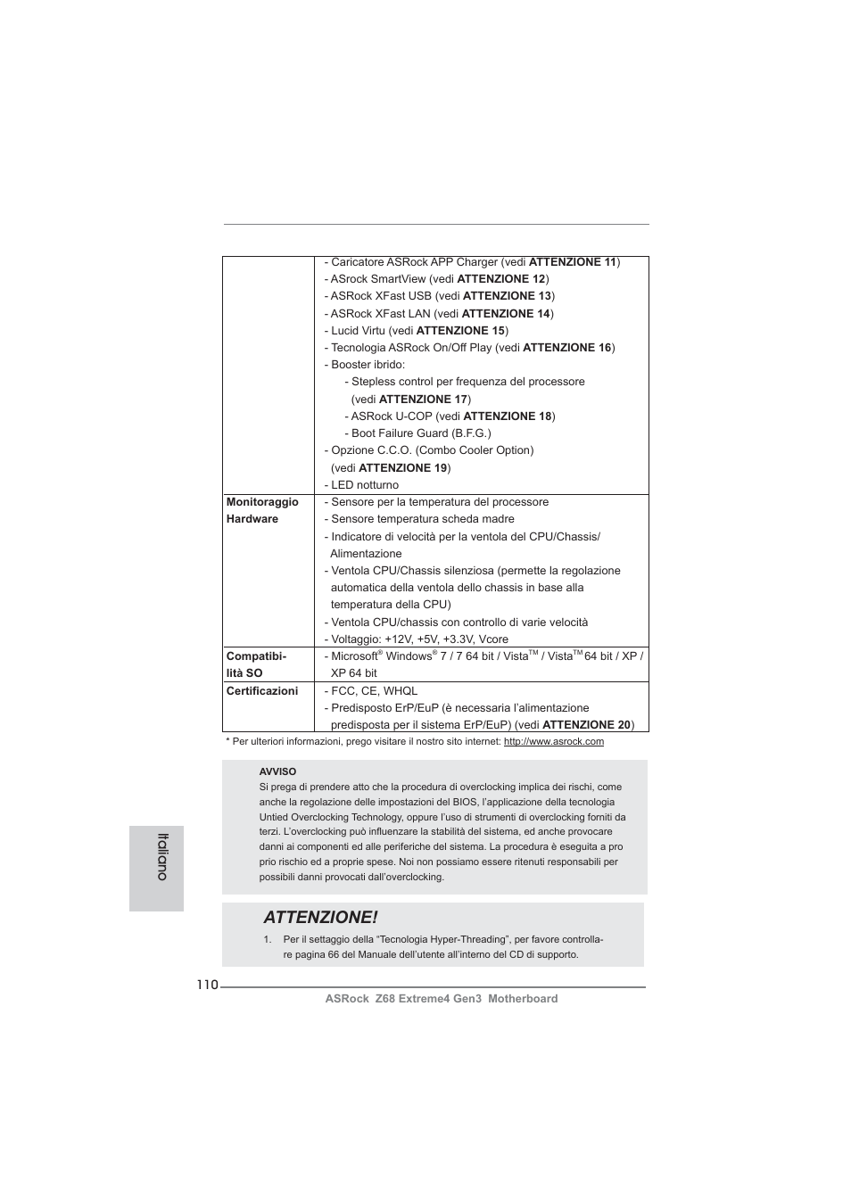 Attenzione, Italiano | ASRock Z68 Extreme4 Gen3 User Manual | Page 110 / 322