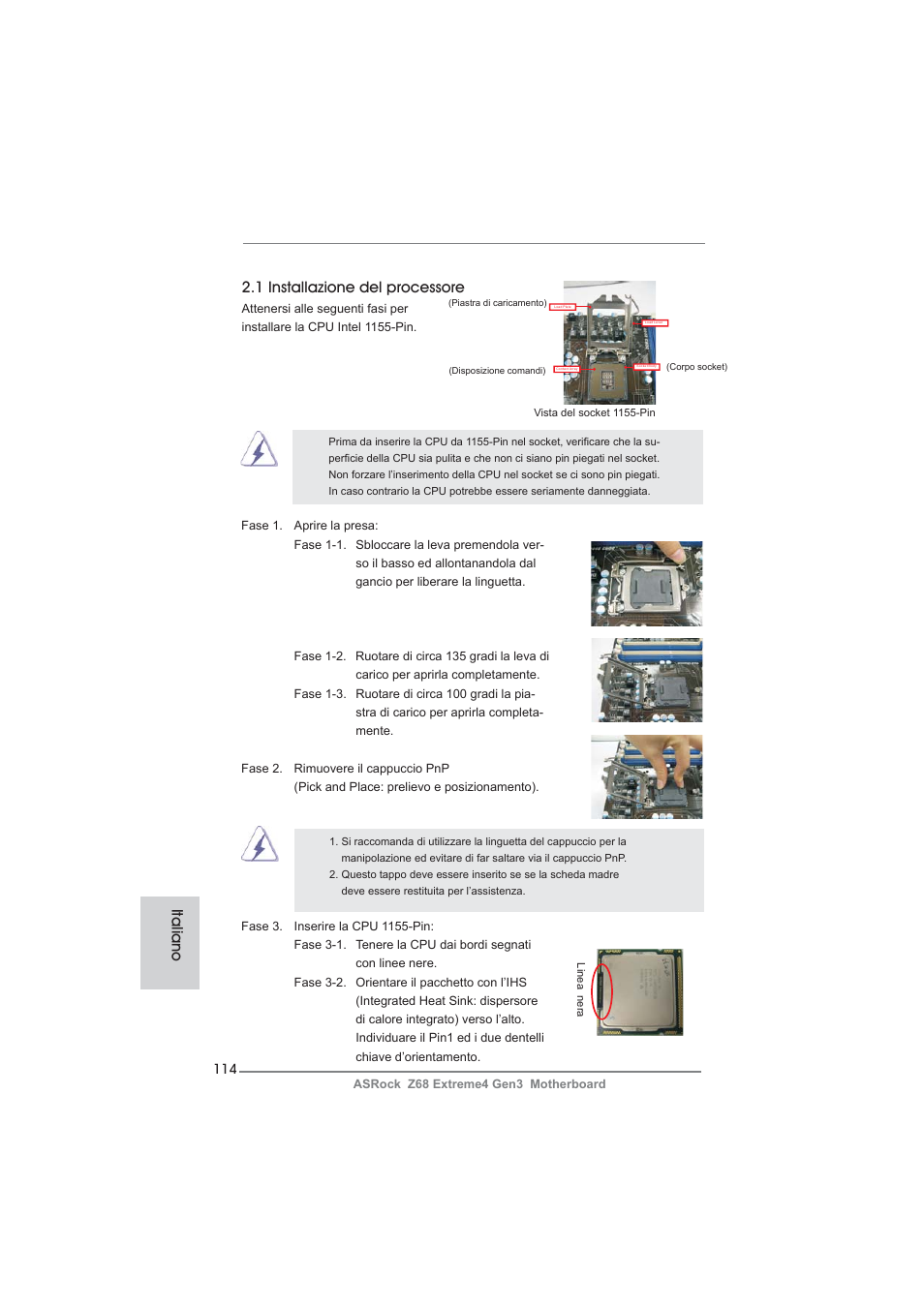 Italiano, 1 installazione del processore | ASRock Z68 Extreme4 Gen3 User Manual | Page 114 / 322