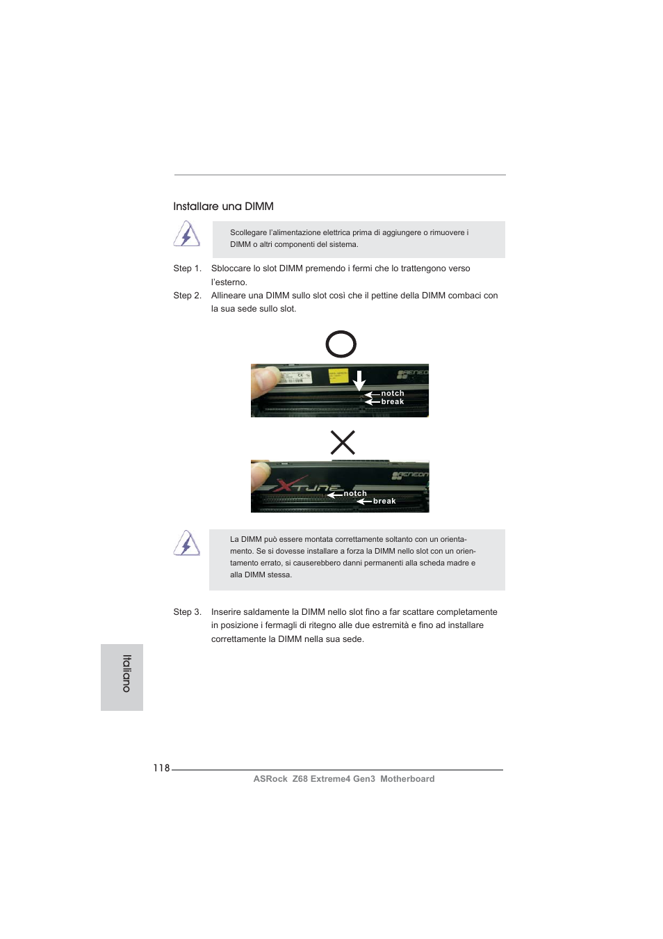 Installare una dimm, Italiano | ASRock Z68 Extreme4 Gen3 User Manual | Page 118 / 322
