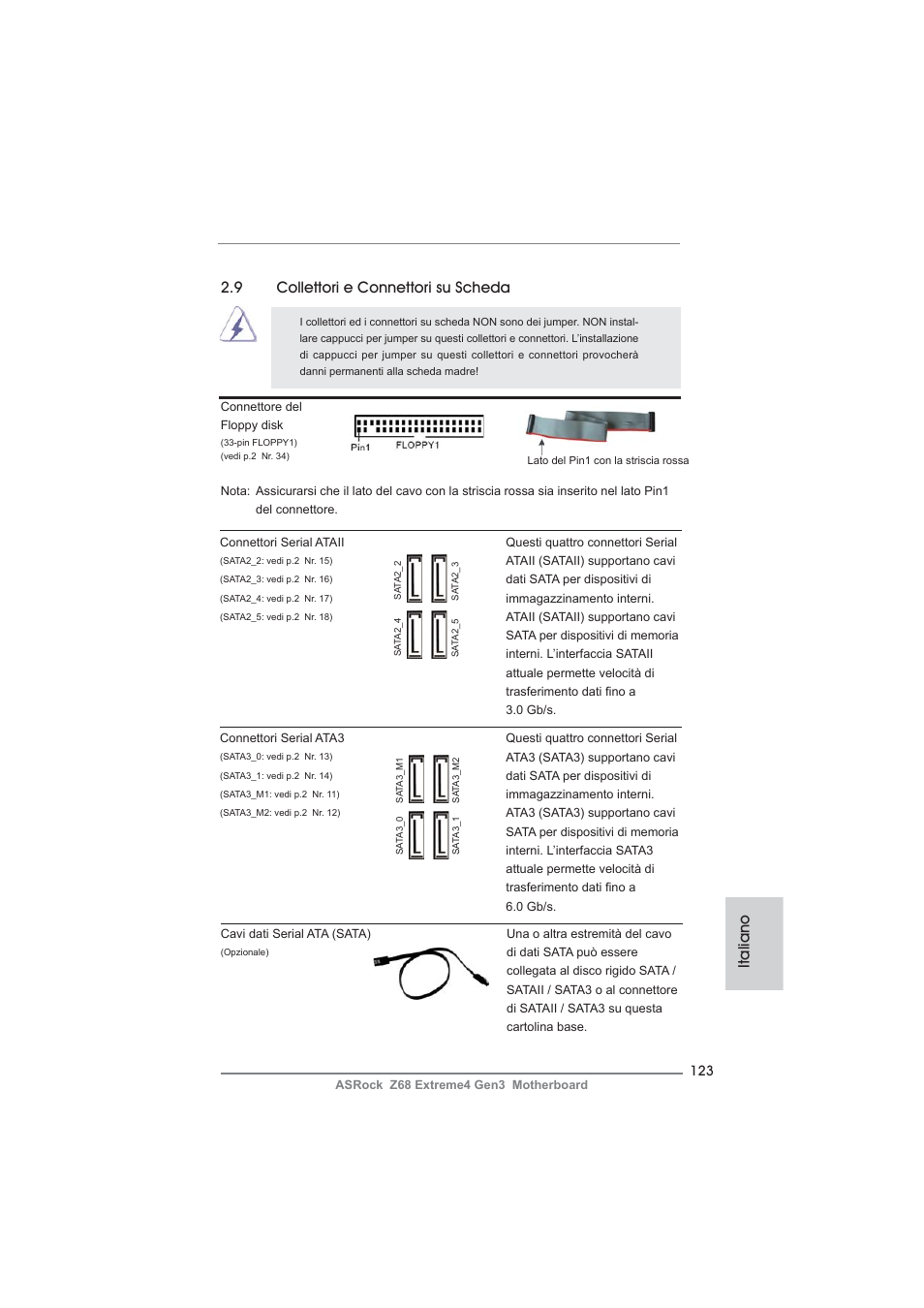 Italiano, 9 collettori e connettori su scheda | ASRock Z68 Extreme4 Gen3 User Manual | Page 123 / 322