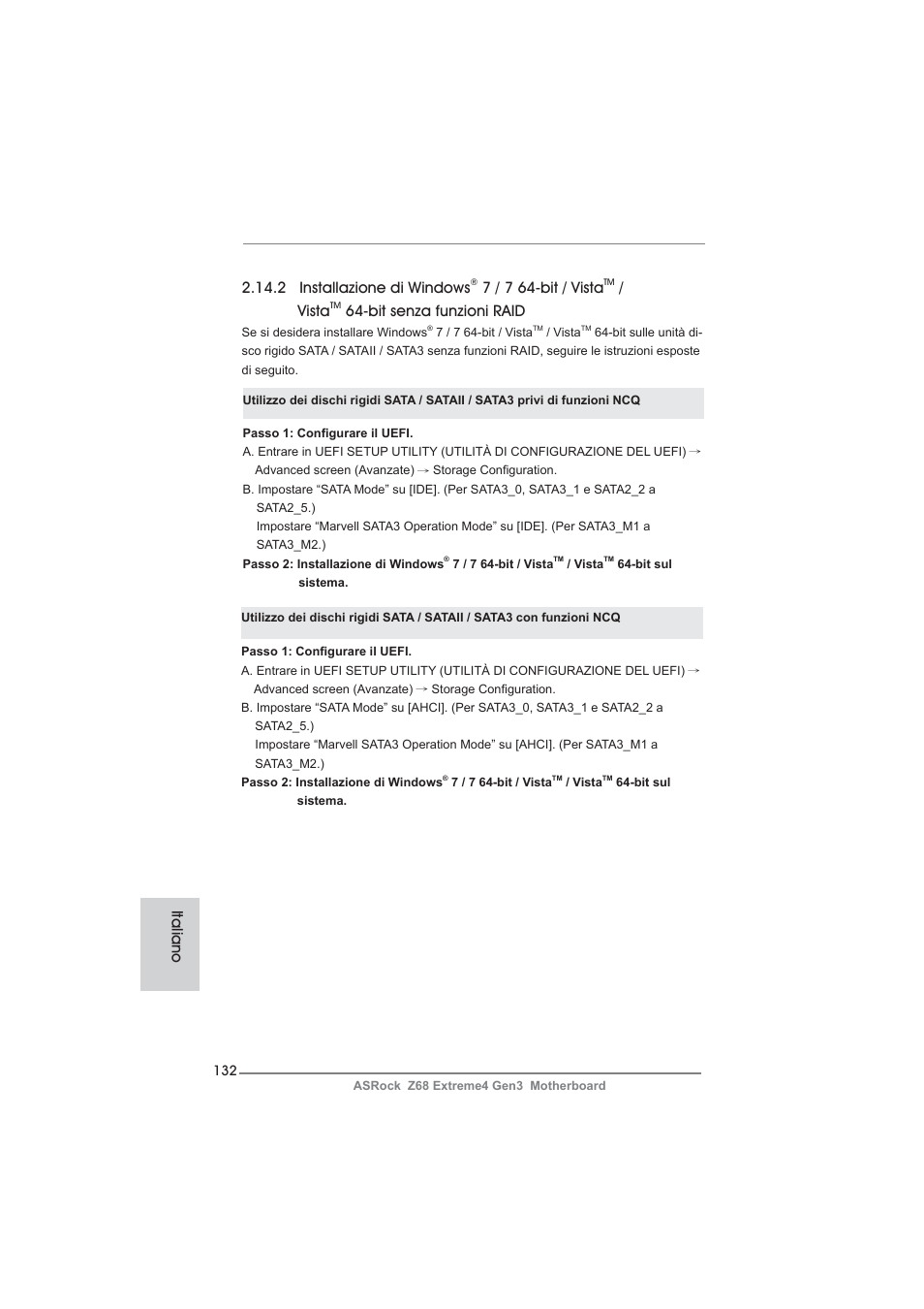 2 installazione di windows, 7 / 7 64-bit / vista, Vista | Bit senza funzioni raid, Italiano | ASRock Z68 Extreme4 Gen3 User Manual | Page 132 / 322