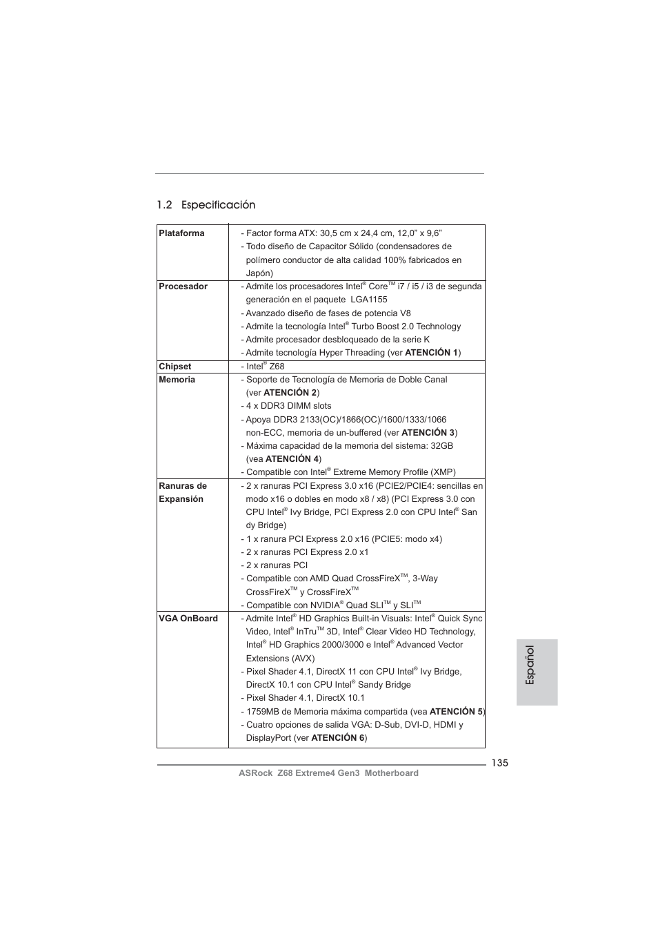 Español 1.2 especificación | ASRock Z68 Extreme4 Gen3 User Manual | Page 135 / 322