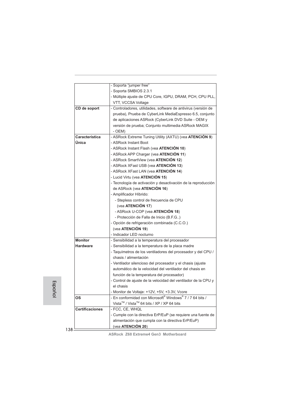 Español | ASRock Z68 Extreme4 Gen3 User Manual | Page 138 / 322