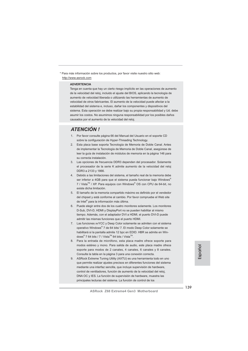 Atención, Español | ASRock Z68 Extreme4 Gen3 User Manual | Page 139 / 322