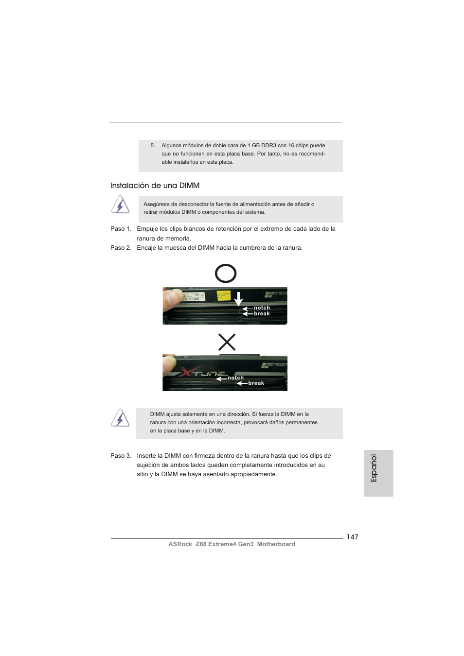 Instalación de una dimm, Español | ASRock Z68 Extreme4 Gen3 User Manual | Page 147 / 322