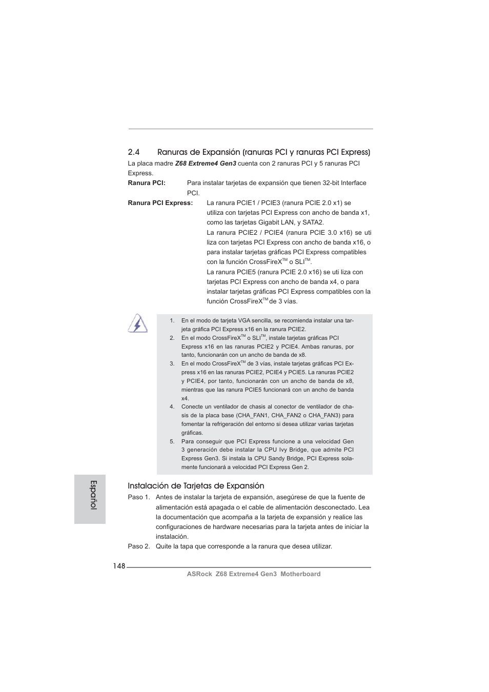 Instalación de tarjetas de expansión, Español | ASRock Z68 Extreme4 Gen3 User Manual | Page 148 / 322