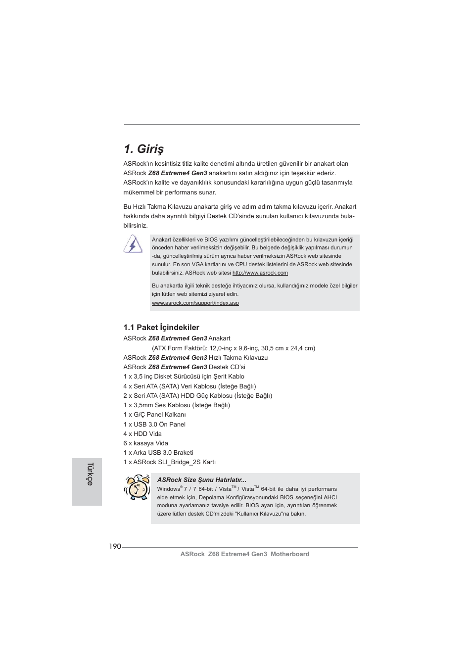 Turkish, Giriş | ASRock Z68 Extreme4 Gen3 User Manual | Page 190 / 322
