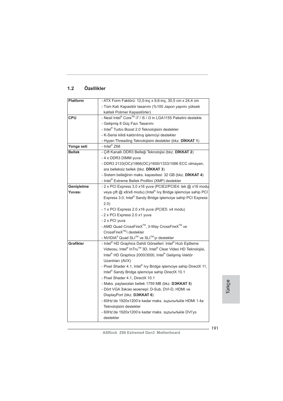 2 özellikler, Türkçe | ASRock Z68 Extreme4 Gen3 User Manual | Page 191 / 322