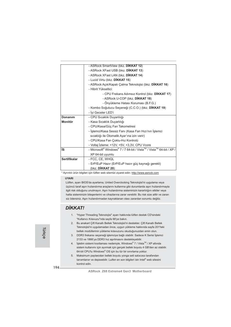 Dikkat, Türkçe | ASRock Z68 Extreme4 Gen3 User Manual | Page 194 / 322
