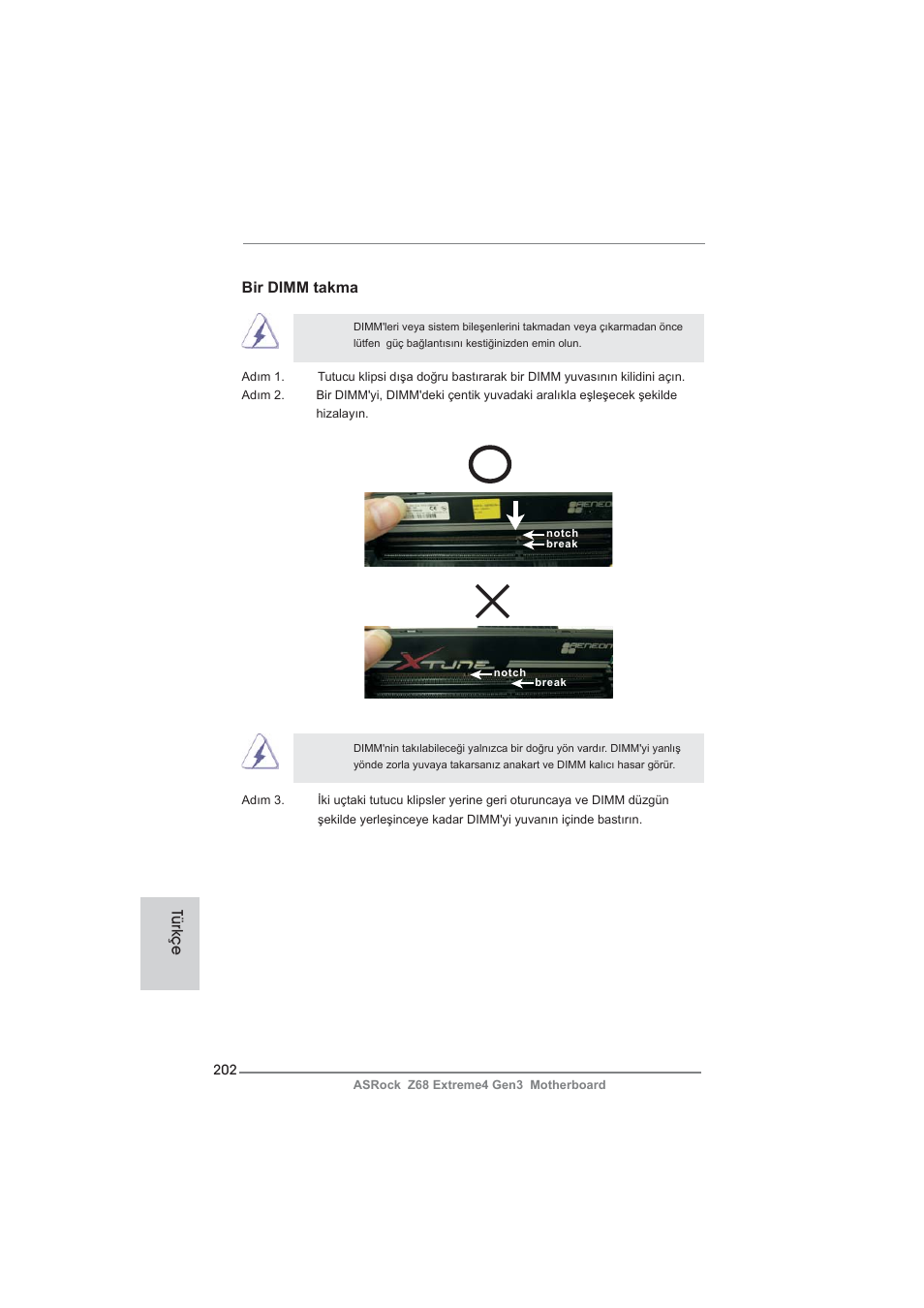Bir dimm takma, Türkçe | ASRock Z68 Extreme4 Gen3 User Manual | Page 202 / 322