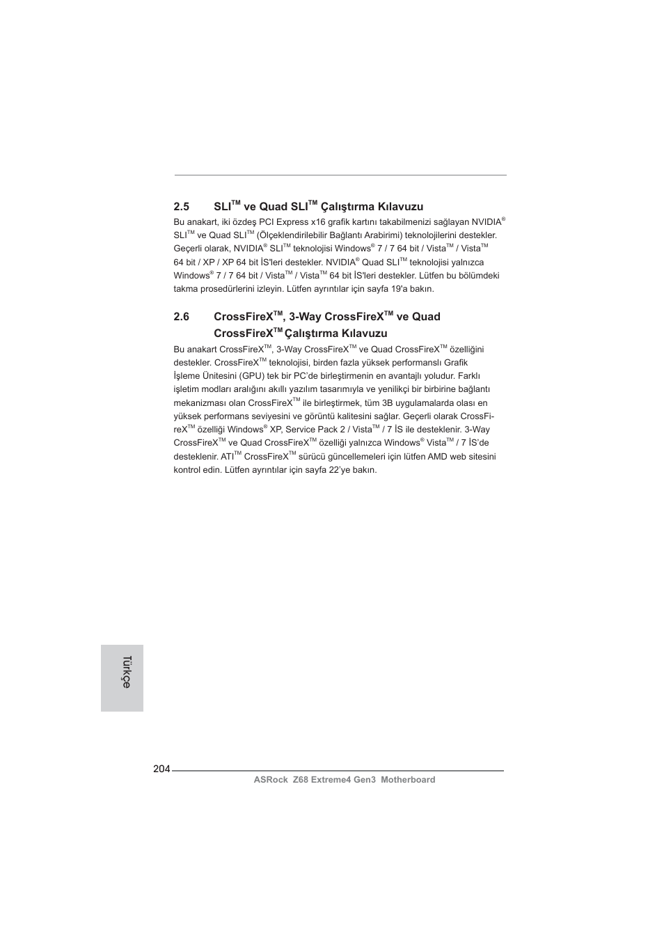 5 sli, Ve quad sli, Çalıştırma kılavuzu | 6 crossfirex, Way crossfirex, Ve quad crossfirex, Türkçe | ASRock Z68 Extreme4 Gen3 User Manual | Page 204 / 322