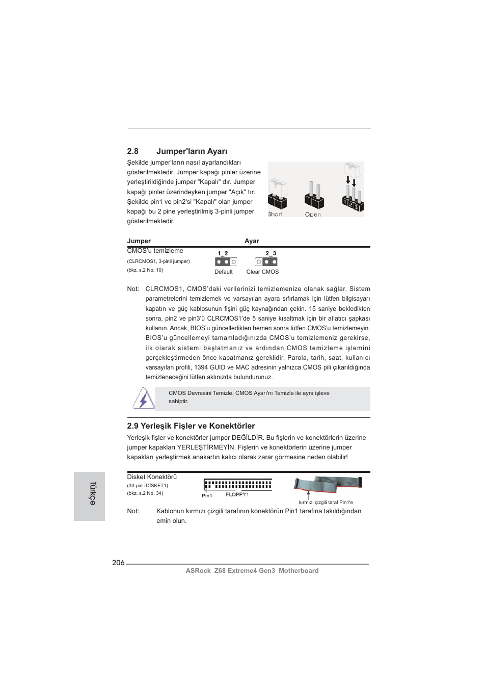 8 jumper'ların ayarı, Türkçe 2.9 yerleşik fişler ve konektörler | ASRock Z68 Extreme4 Gen3 User Manual | Page 206 / 322