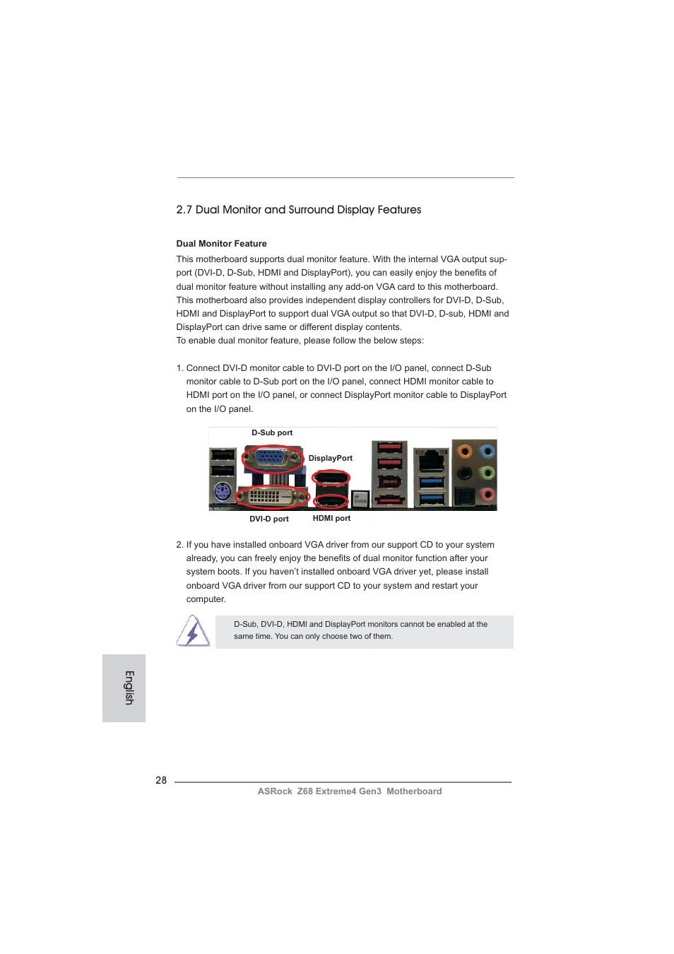 English, 7 dual monitor and surround display features | ASRock Z68 Extreme4 Gen3 User Manual | Page 28 / 322