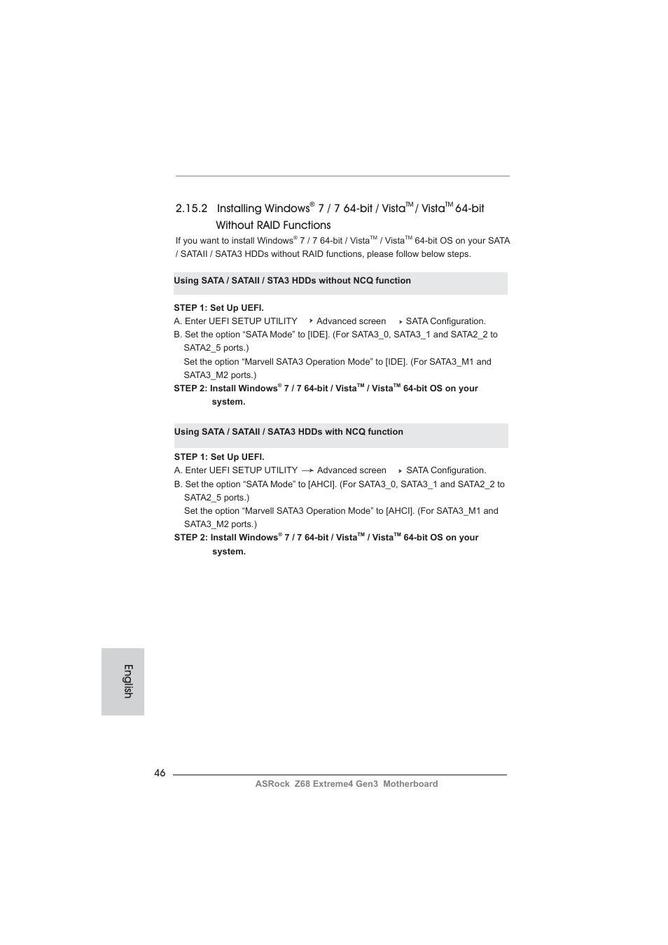 English 2.15.2 installing windows, 7 / 7 64-bit / vista, Vista | Bit without raid functions | ASRock Z68 Extreme4 Gen3 User Manual | Page 46 / 322