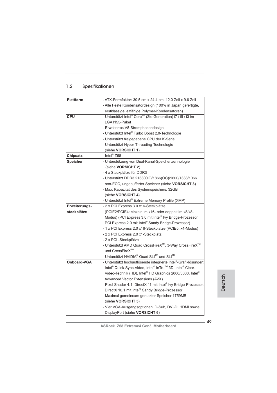 Deutsch 1.2 spezifikationen | ASRock Z68 Extreme4 Gen3 User Manual | Page 49 / 322