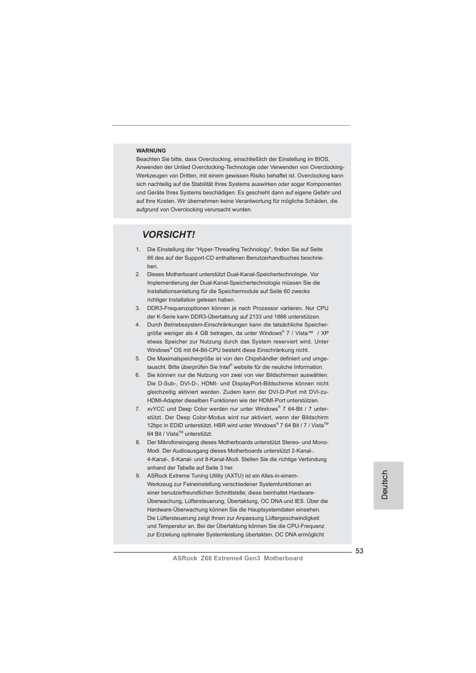 Vorsicht, Deutsch | ASRock Z68 Extreme4 Gen3 User Manual | Page 53 / 322