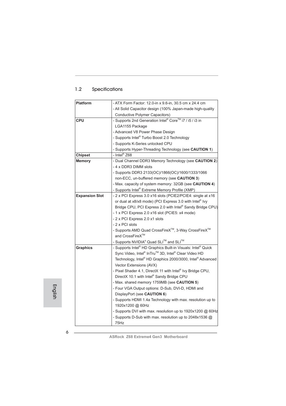 English 1.2 specifications | ASRock Z68 Extreme4 Gen3 User Manual | Page 6 / 322