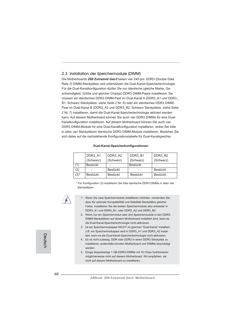 3 installation der speichermodule (dimm), Deutsch | ASRock Z68 Extreme4 Gen3 User Manual | Page 60 / 322