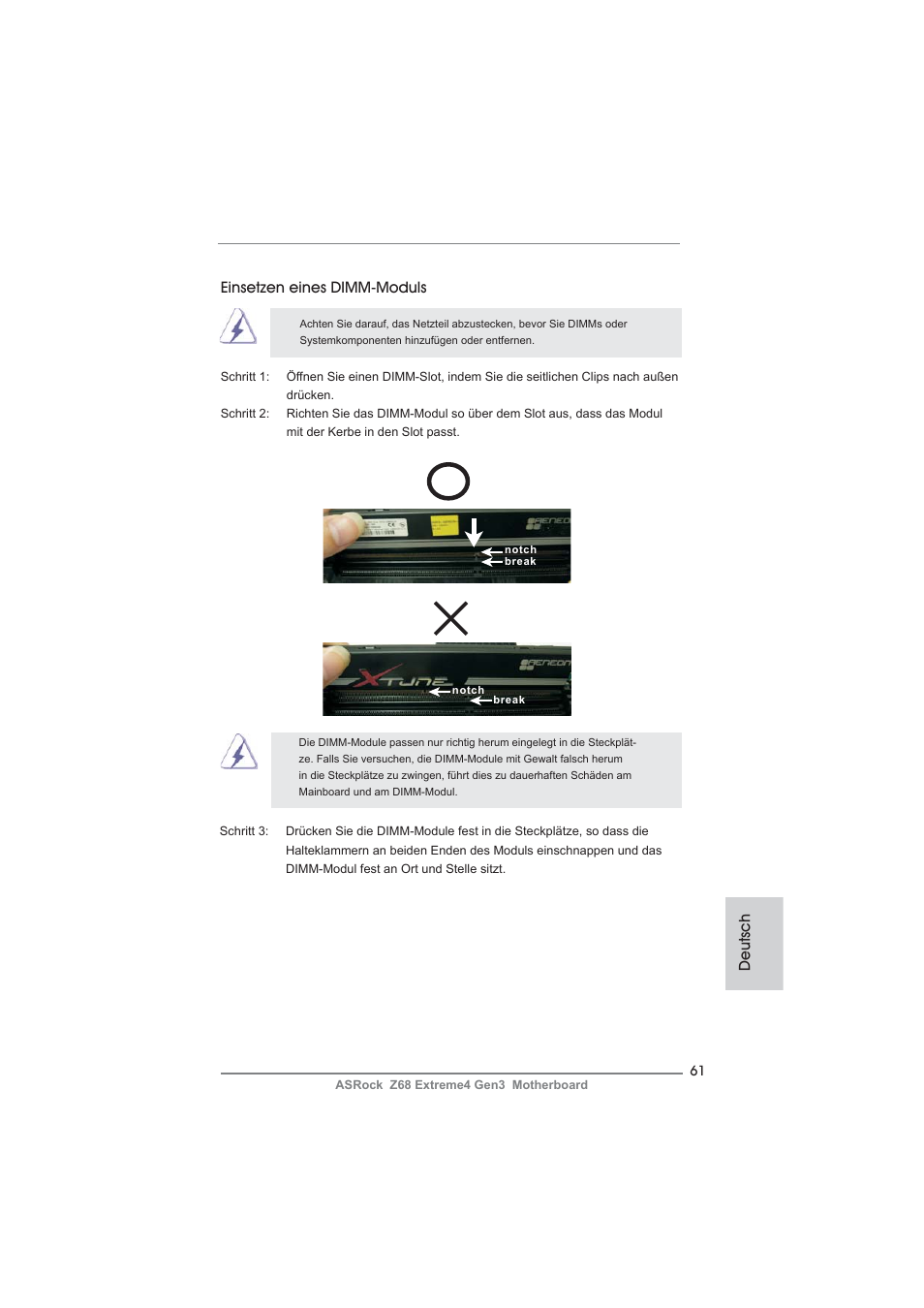 Deutsch, Einsetzen eines dimm-moduls | ASRock Z68 Extreme4 Gen3 User Manual | Page 61 / 322
