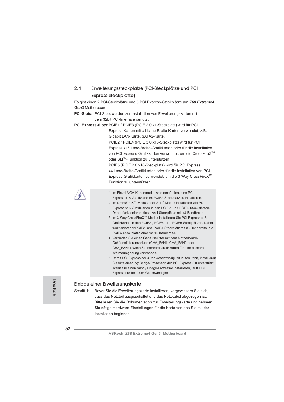 Einbau einer erweiterungskarte, Deutsch | ASRock Z68 Extreme4 Gen3 User Manual | Page 62 / 322