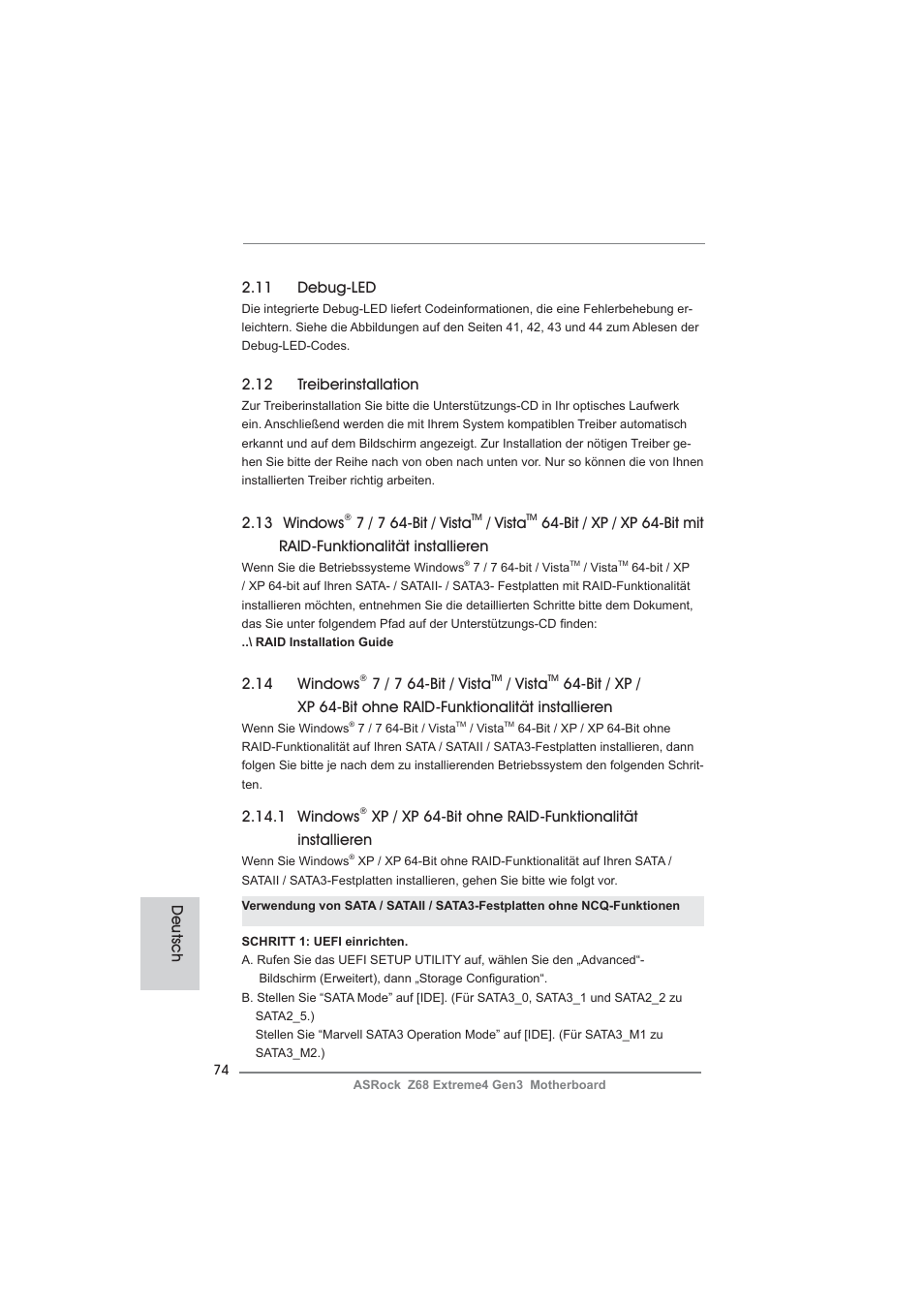 14 windows, 7 / 7 64-bit / vista, Vista | 12 treiberinstallation, 1 windows, 13 windows, 11 debug-led, Deutsch | ASRock Z68 Extreme4 Gen3 User Manual | Page 74 / 322
