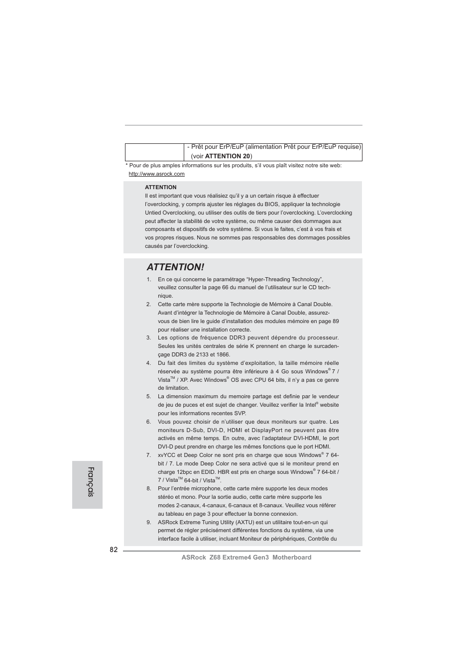 Attention, Français | ASRock Z68 Extreme4 Gen3 User Manual | Page 82 / 322