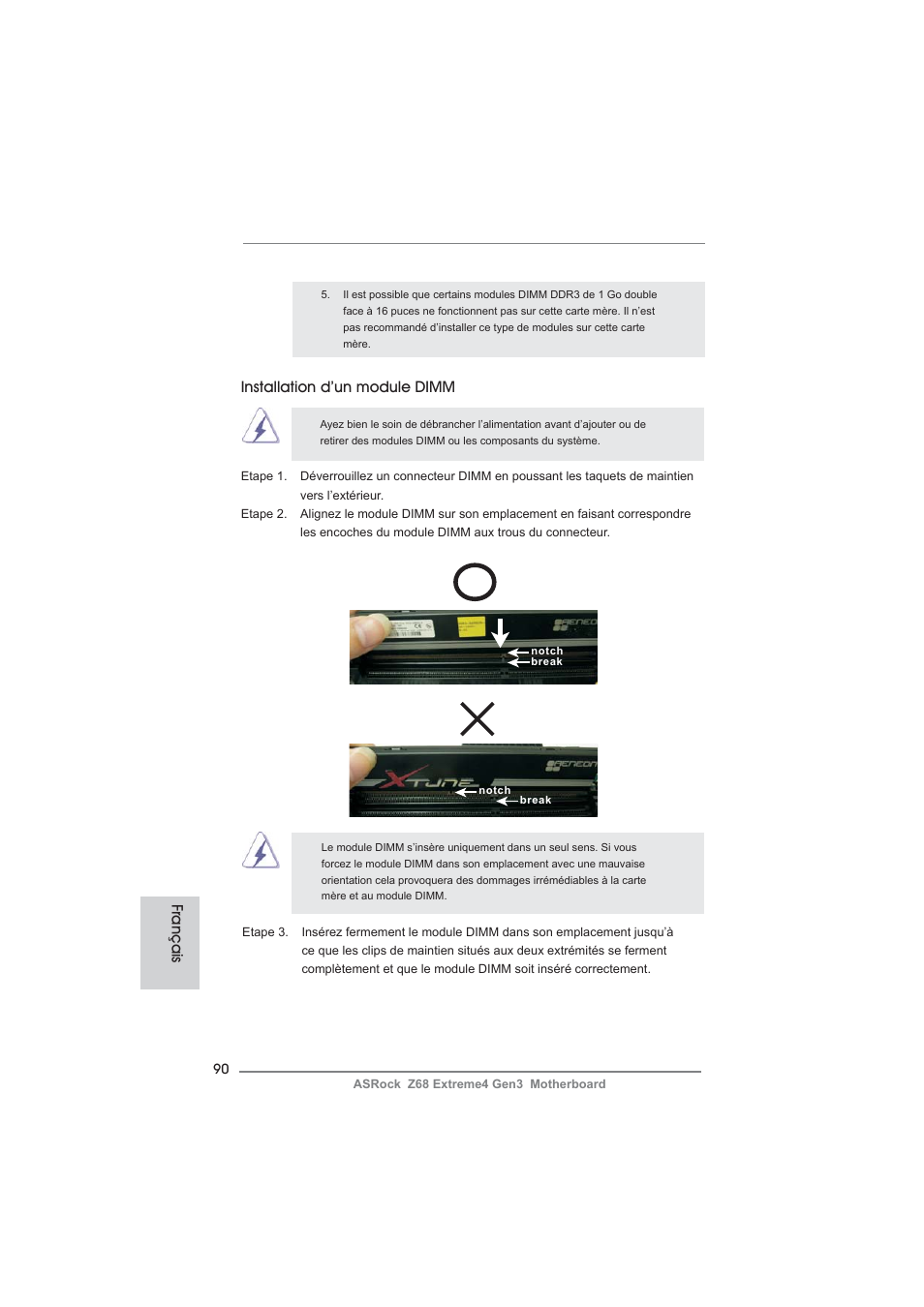 Installation d’un module dimm, Français | ASRock Z68 Extreme4 Gen3 User Manual | Page 90 / 322