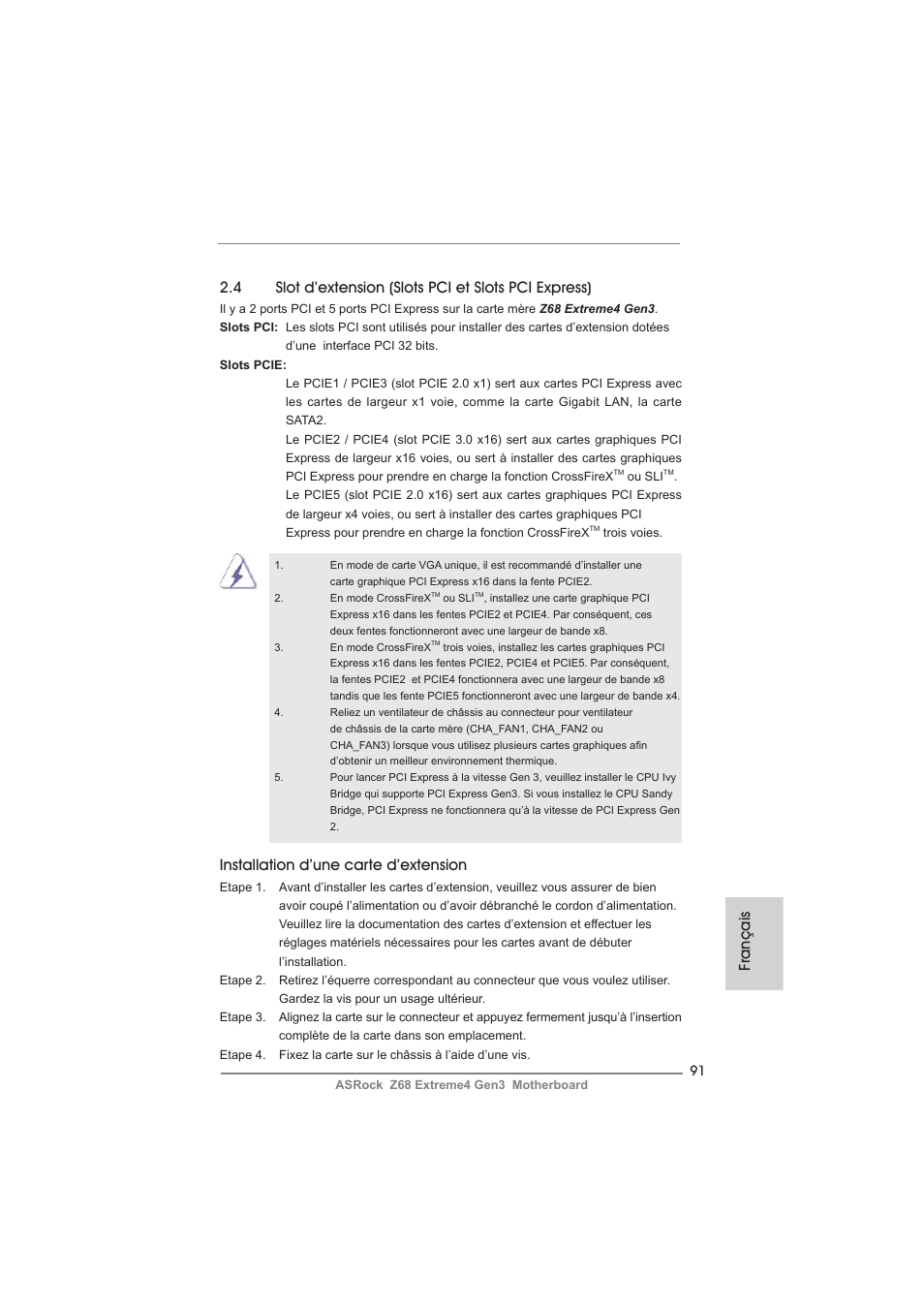 Français installation d’une carte d’extension | ASRock Z68 Extreme4 Gen3 User Manual | Page 91 / 322