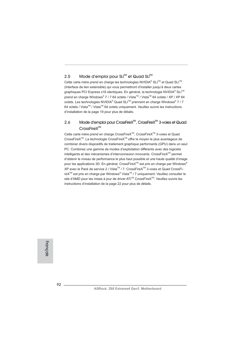 5 mode d’emploi pour sli, Et quad sli, 6 mode d’emploi pour crossfirex | Crossfirex, Voies et quad crossfirex, Français | ASRock Z68 Extreme4 Gen3 User Manual | Page 92 / 322