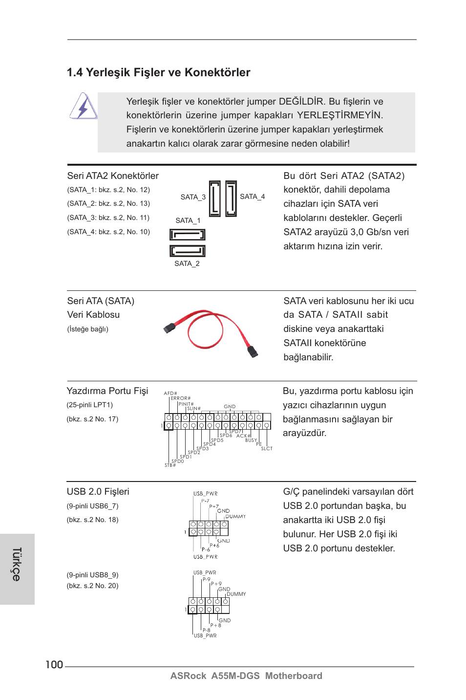 Türkçe 1.4 yerleşik fişler ve konektörler | ASRock A55M-DGS User Manual | Page 100 / 163