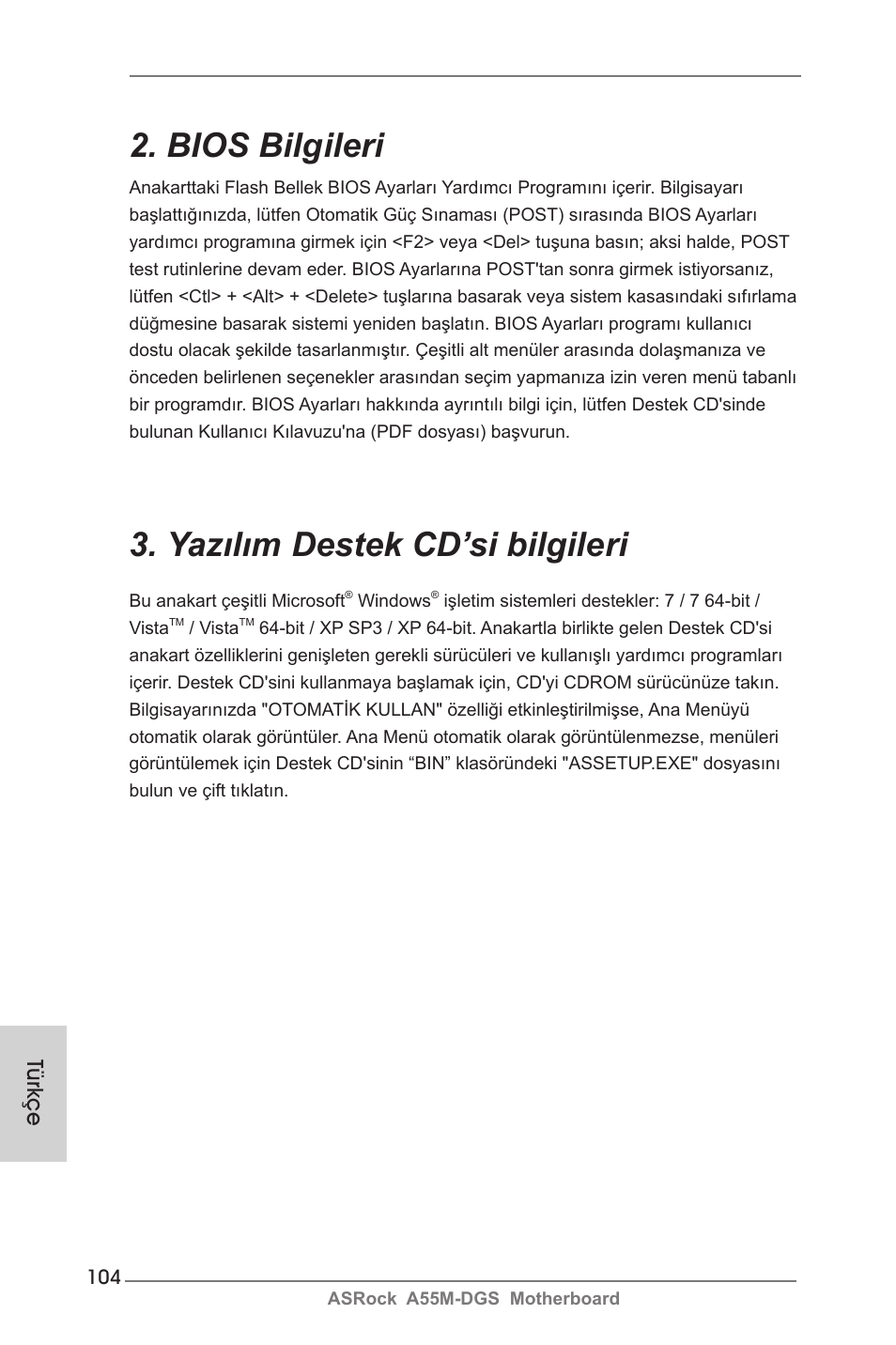 Bios bilgileri, Yazılım destek cd’si bilgileri, Türkçe | ASRock A55M-DGS User Manual | Page 104 / 163