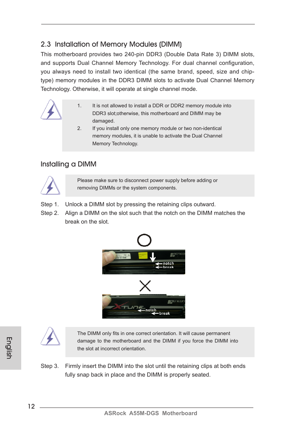 Installing a dimm | ASRock A55M-DGS User Manual | Page 12 / 163