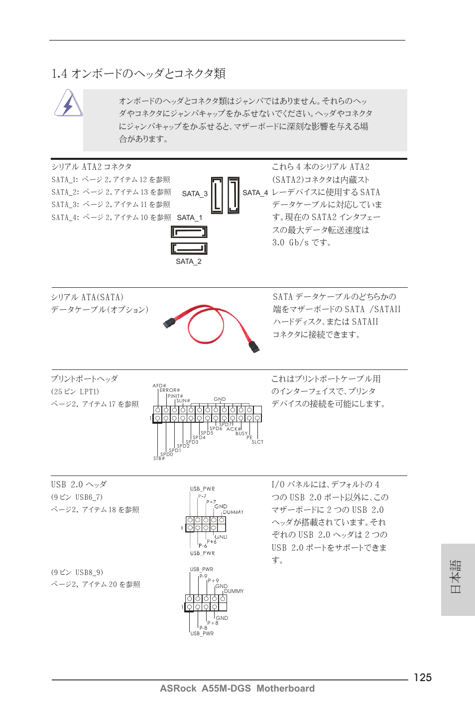 日本語 1.4 オンボードのヘッダとコネクタ類, Asrock a55m-dgs motherboard | ASRock A55M-DGS User Manual | Page 125 / 163