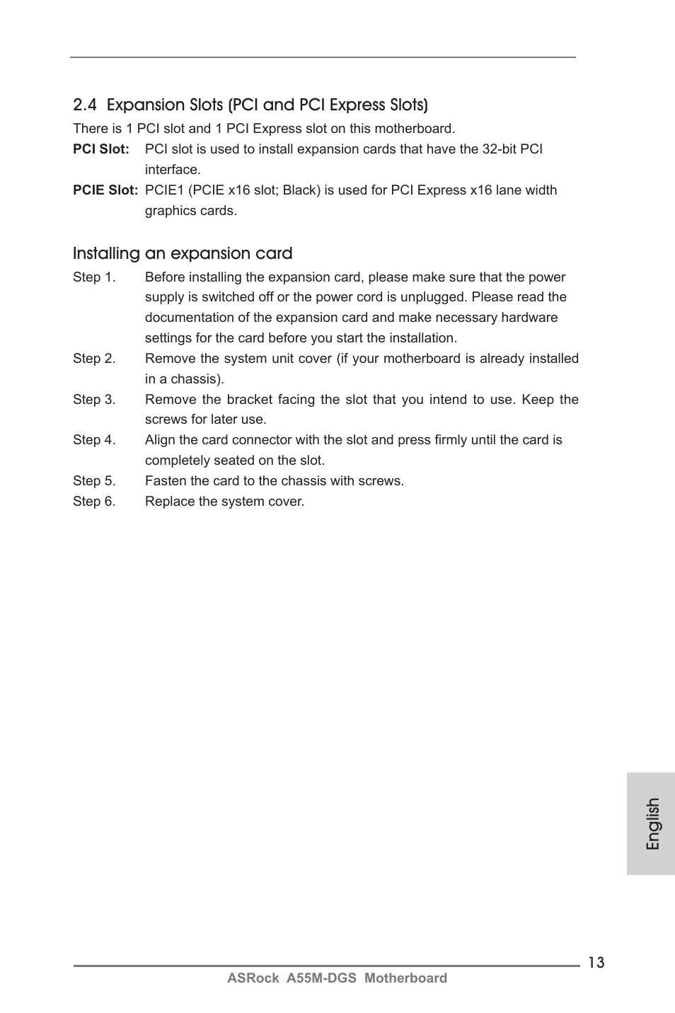 Installing an expansion card | ASRock A55M-DGS User Manual | Page 13 / 163