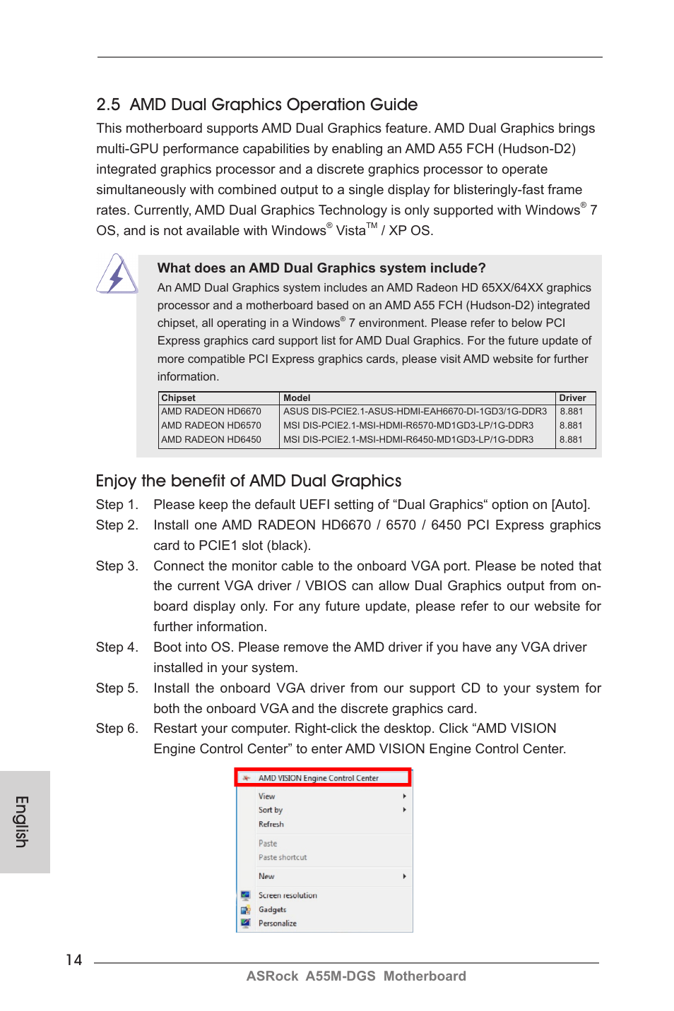English 2.5 amd dual graphics operation guide, Enjoy the benefit of amd dual graphics | ASRock A55M-DGS User Manual | Page 14 / 163