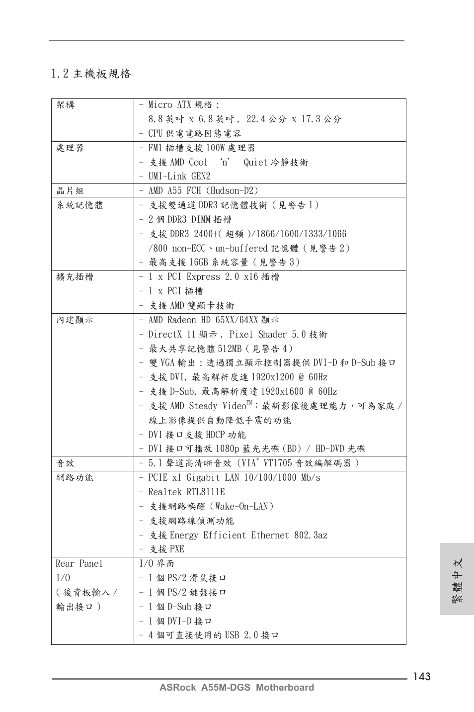 繁體中文 1.2 主機板規格 | ASRock A55M-DGS User Manual | Page 143 / 163