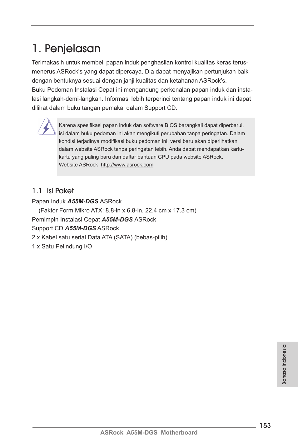 Indonesian, Penjelasan, 1 isi paket | ASRock A55M-DGS User Manual | Page 153 / 163