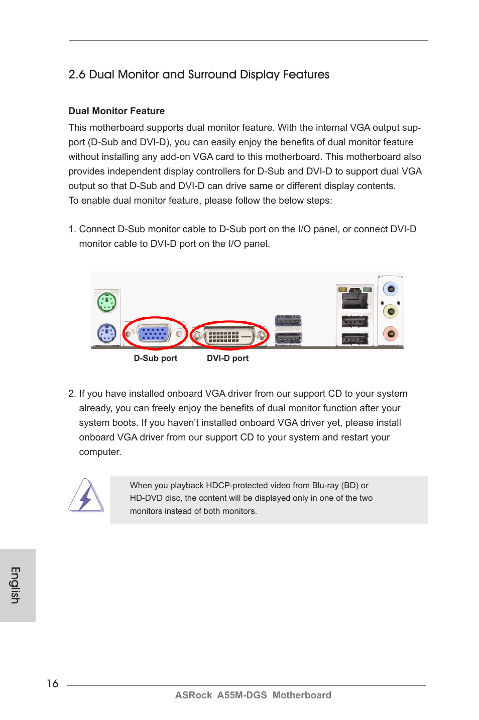 English, 6 dual monitor and surround display features | ASRock A55M-DGS User Manual | Page 16 / 163