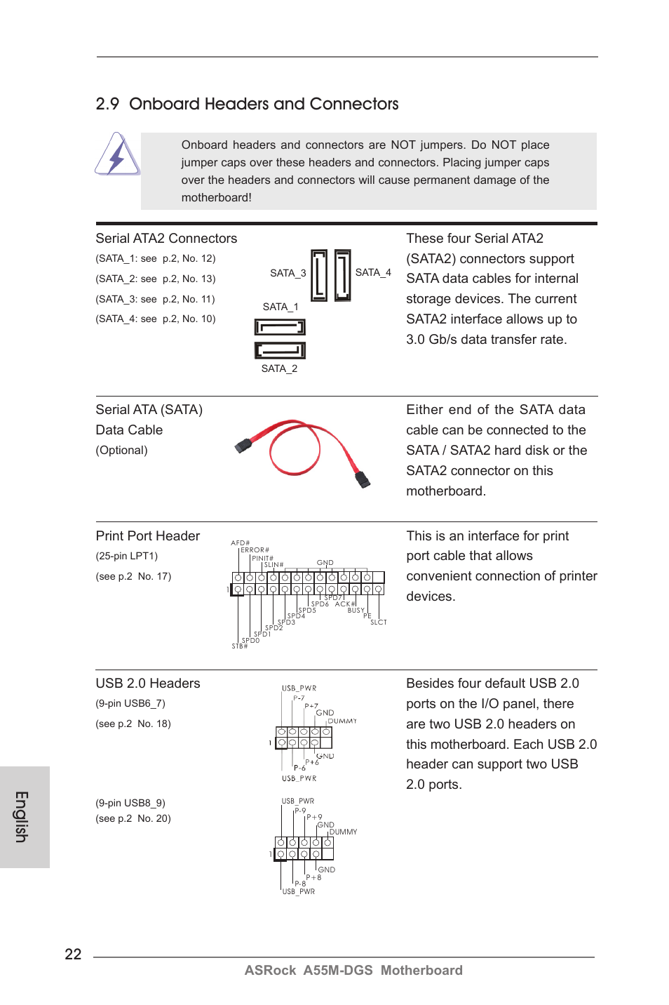 English 2.9 onboard headers and connectors, Asrock a55m-dgs motherboard, Serial ata2 connectors these four serial ata2 | Sata2) connectors support, Sata data cables for internal, Storage devices. the current, Usb 2.0 headers besides four default usb 2.0, Ports on the i/o panel, there, Print port header this is an interface for print, Port cable that allows | ASRock A55M-DGS User Manual | Page 22 / 163