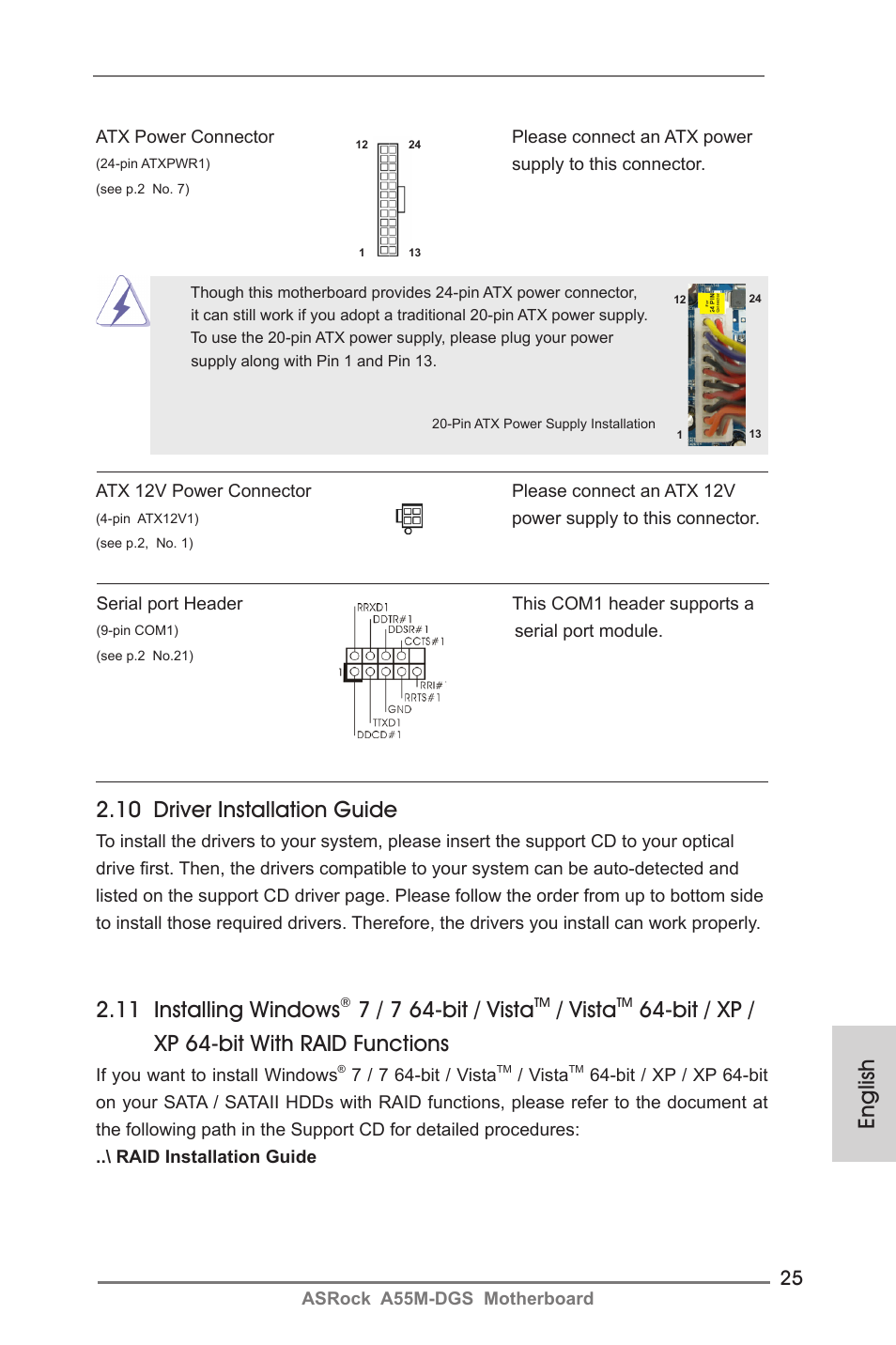 English, 11 installing windows, 7 / 7 64-bit / vista | Vista, Bit / xp / xp 64-bit with raid functions, 10 driver installation guide | ASRock A55M-DGS User Manual | Page 25 / 163