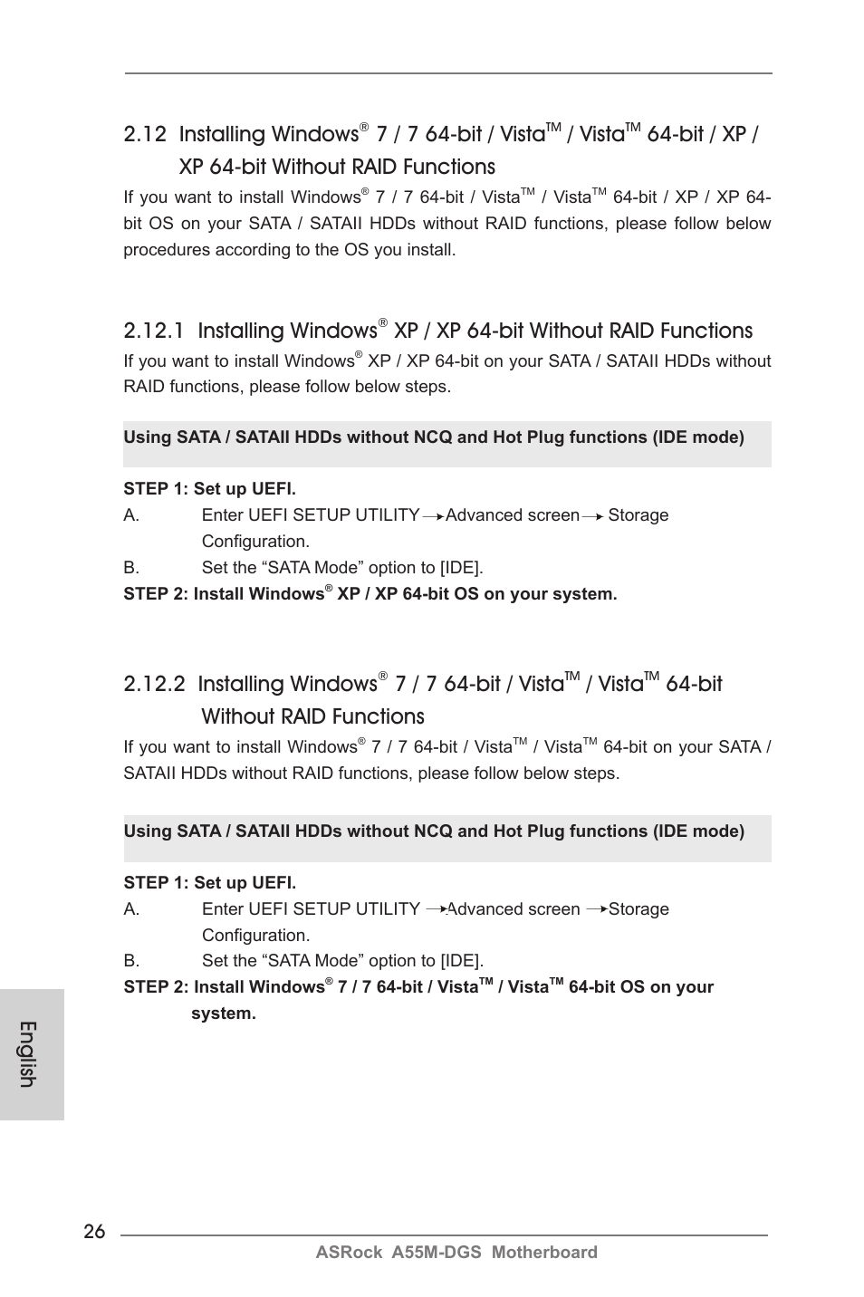 English, 12 installing windows, 7 / 7 64-bit / vista | Vista, Bit / xp / xp 64-bit without raid functions, 1 installing windows, Xp / xp 64-bit without raid functions, 2 installing windows, Bit without raid functions | ASRock A55M-DGS User Manual | Page 26 / 163