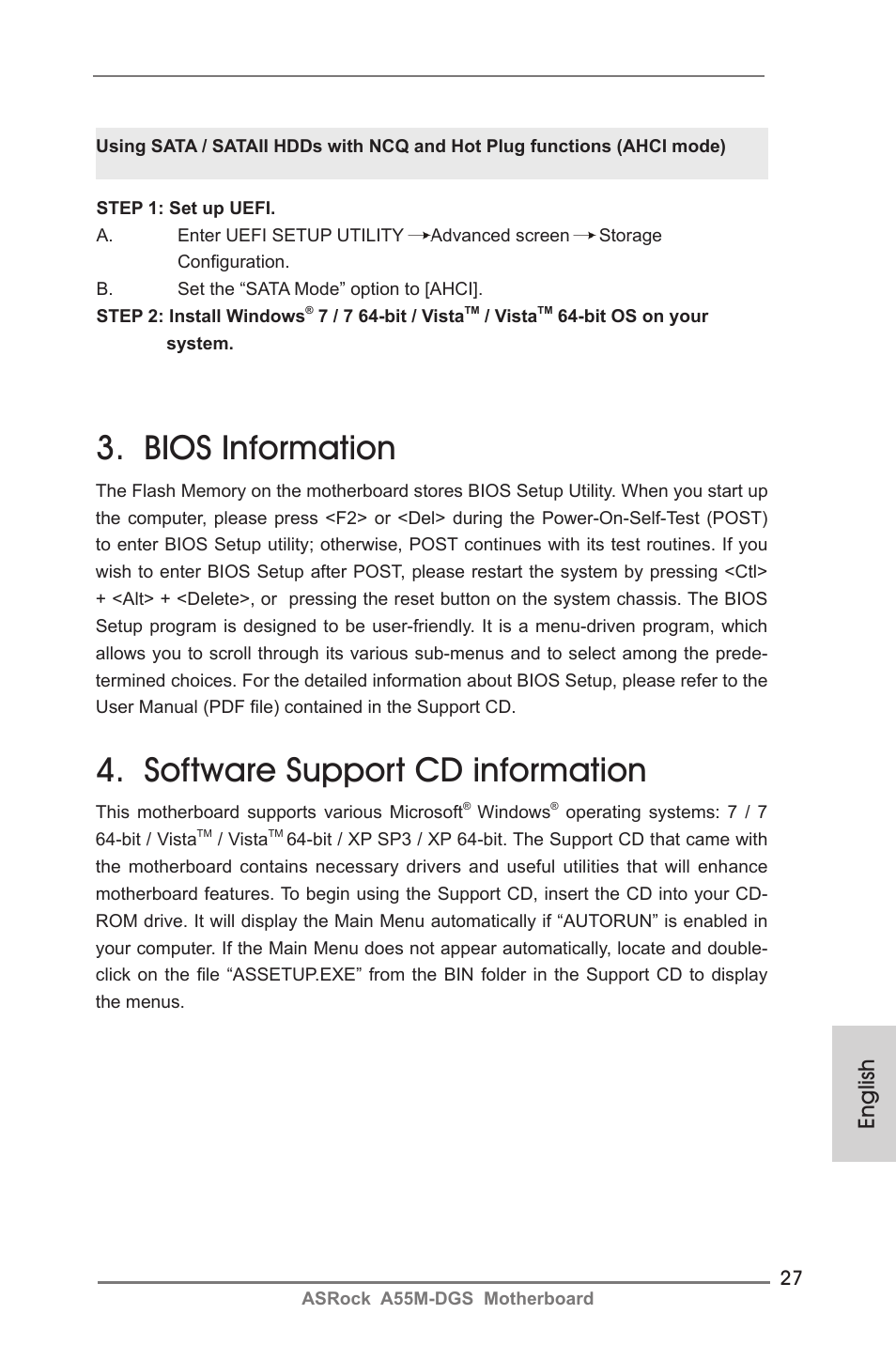 Bios information, Software support cd information, English | ASRock A55M-DGS User Manual | Page 27 / 163