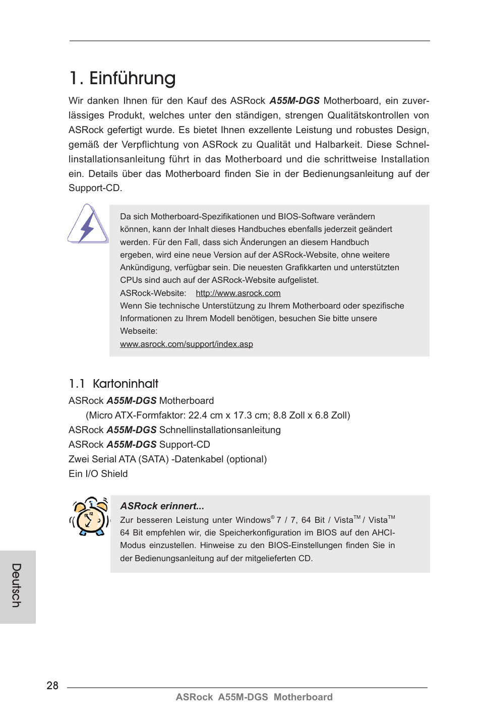 German, Einführung, 1 kartoninhalt | Deutsch | ASRock A55M-DGS User Manual | Page 28 / 163