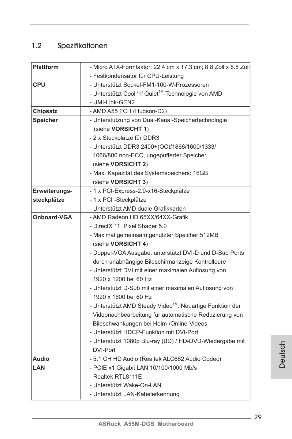 2 spezifikationen, Deutsch | ASRock A55M-DGS User Manual | Page 29 / 163